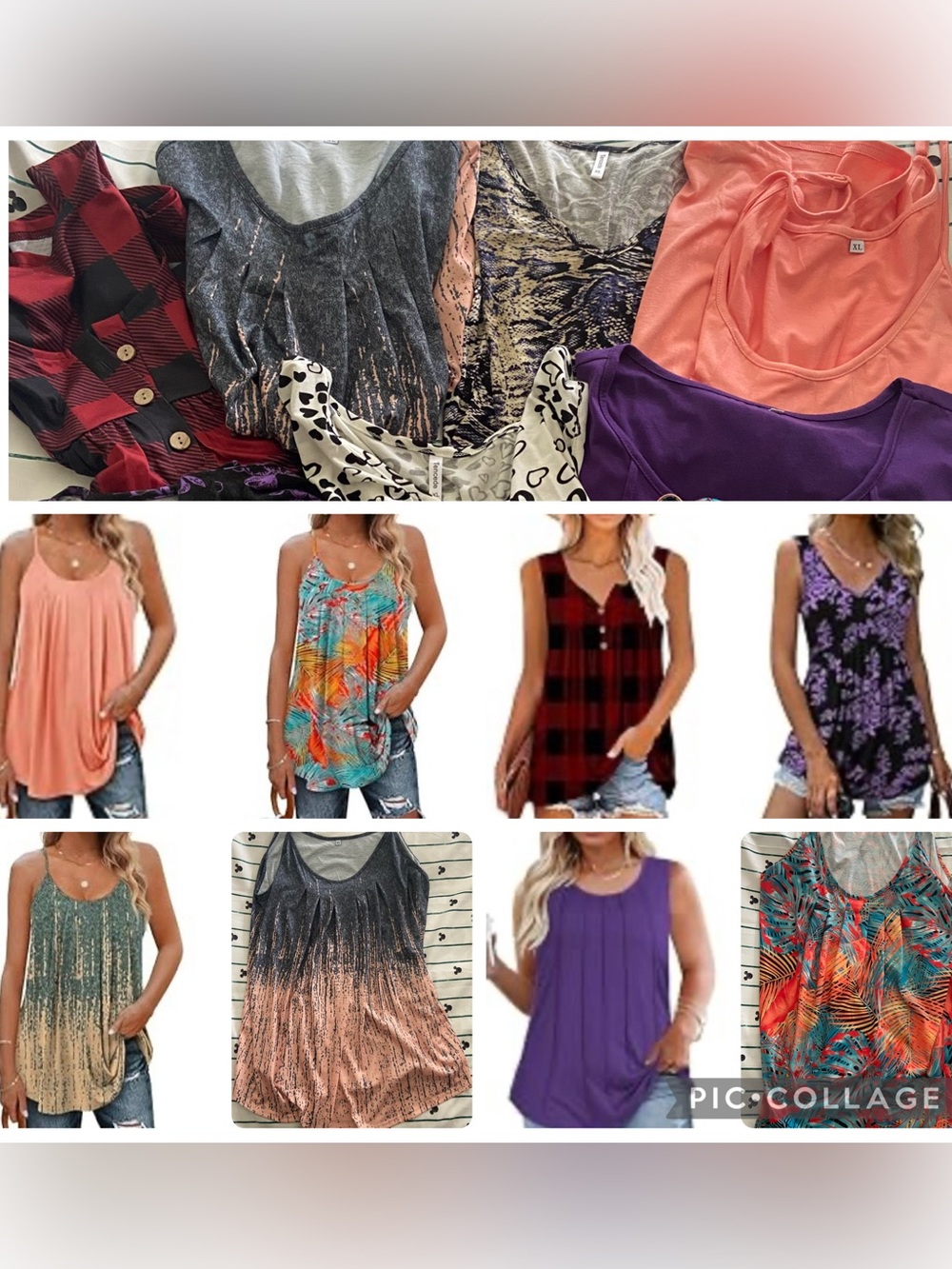 BUNDLE of 8 Women's Tank & Scoop Neck Top - Coral, Purple, Black/White Prints